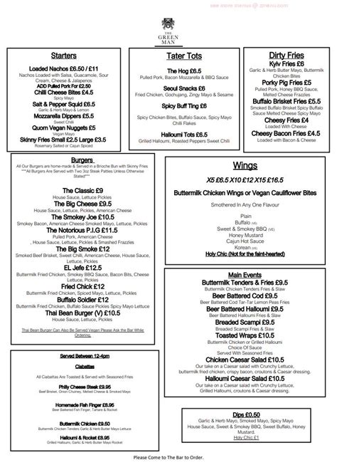 Menu at The Green Man pub & bar, Melbourn, Dunsbridge Turnpike