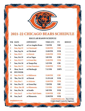 Printable 2021-2022 Chicago Bears Schedule