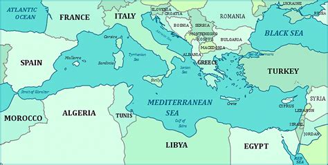 The Mediterranean Sea and the surrounding countries. Greece has a ...