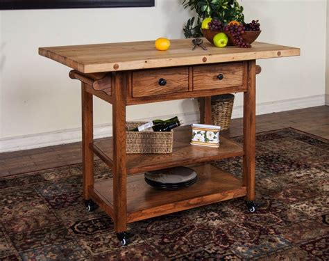 Butcher Rustic Oak Wood Block Table w/Drop Leaf 2238RO Kitchen Island ...