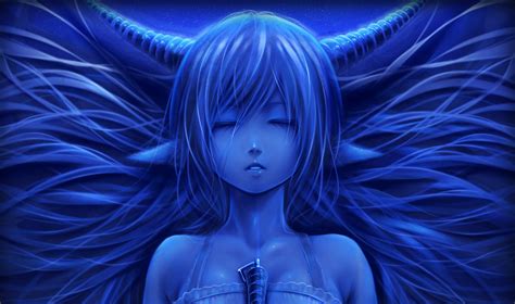 Wallpaper : face, illustration, anime, horns, blue, ears, girl, wing ...