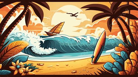 Summer Beach Surfing Cartoon Illustration Background, Summer, Seaside ...