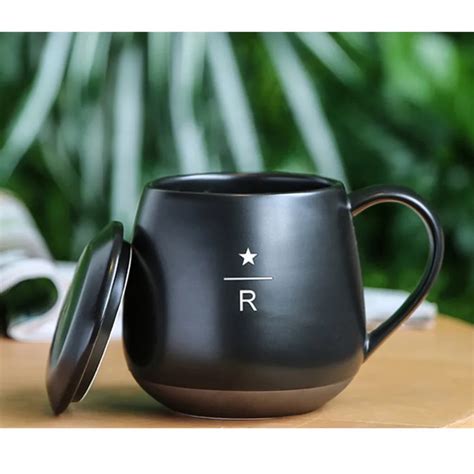 1pcs Large Capacity Creative Gift Mugs With Lid Spoon Black Mug Ceramic ...