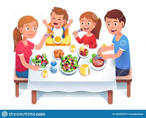 Father, Mother, Kids Having Family Dinner or Lunch Stock Vector ...