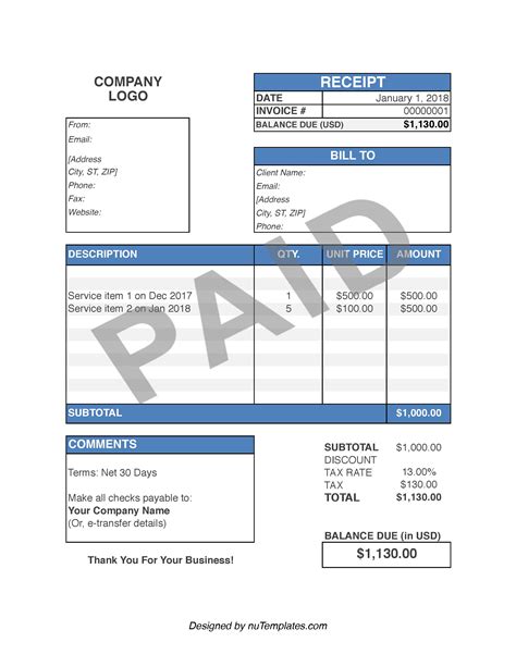 Service Receipt Template - Service Receipts | nuTemplates