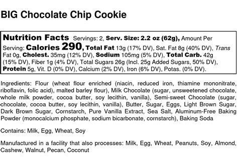 BIG Chocolate Chip Cookie - Nutrition Label - Sweet Girl Cookies