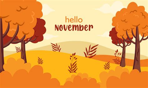 Hello November Autumn greetings Banner with fall trees and landscape ...