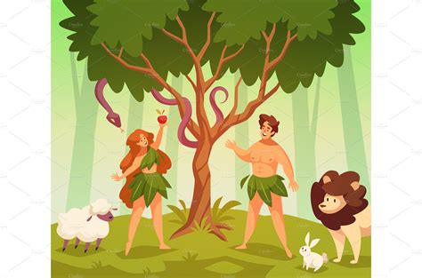 Adam and eve. Bible story scene | Animal Illustrations ~ Creative Market