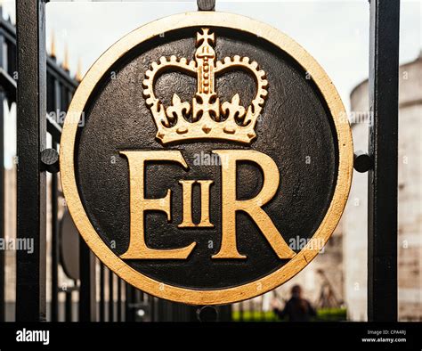 Elizabeth II Regina ER royal insignia on the gates of the Tower of ...