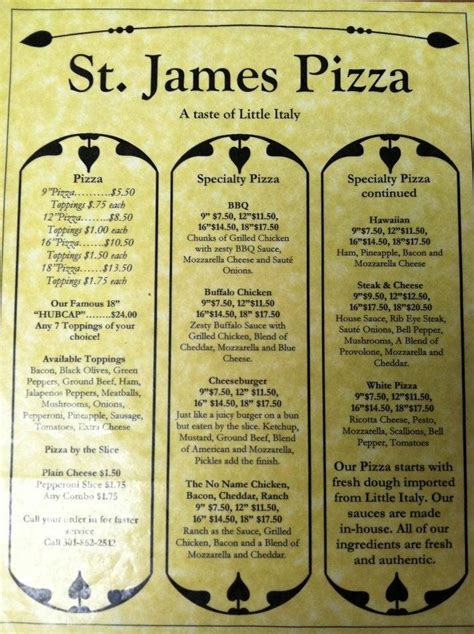 Menu at St James Deli and Spirits pizzeria, Lexington Park