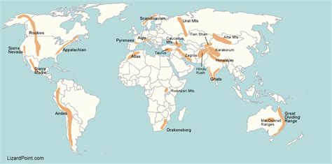 labeled map of World California Mountains, Andes Mountains, Rocky ...