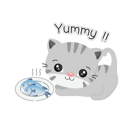 cute cat is eating fish in the dish cartoon illustration. 7645882 ...