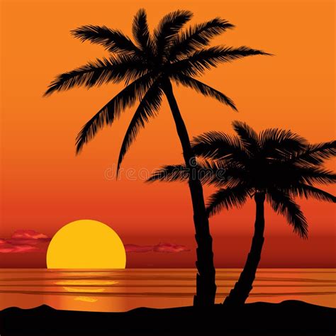 Sunset View in Beach with Palm Tree Silhouette Stock Vector ...