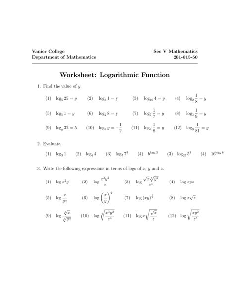 Logarithmic Function Worksheet Pdf