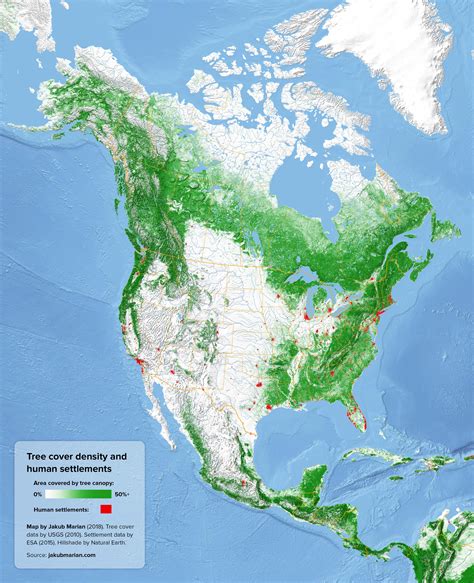 Tree cover and urban areas of North America