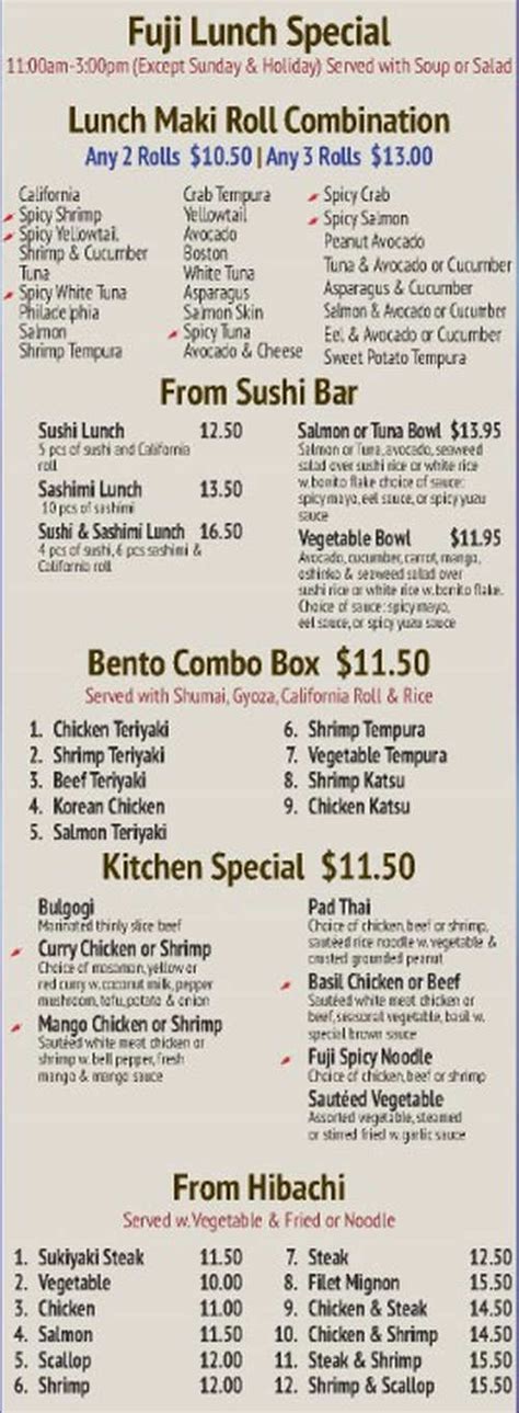 Fuji Hibachi Menu, Bennington, VT