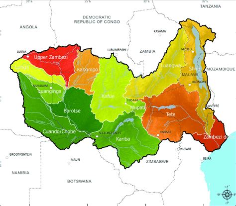 The 13 major sub-basins of the Zambezi River Basin. Map produced by ...