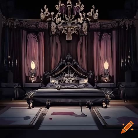 Anime royal bedroom with knightly armor and luxurious black bed