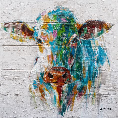 "Colorful Cow Hand Painted" Canvas Artwork, 40"x40" - Farmhouse ...