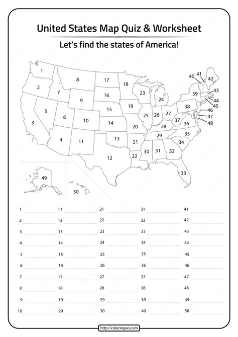 Free Printable United States Map Quiz and Worksheet | Map quiz, Social ...