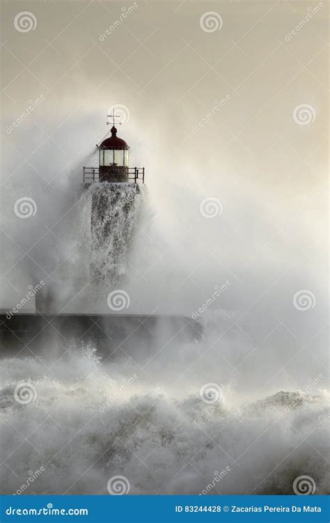 Old Lighthouse during Heavy Ocean Storm Stock Photo - Image of power ...