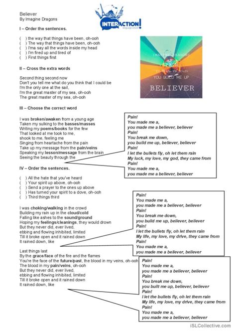 Believer by Imagine Dragons song and…: Deutsch DAF Arbeitsblätter pdf & doc