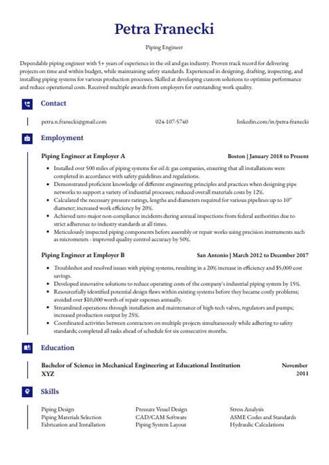 Piping Engineer Resume (CV) Example and Writing Guide