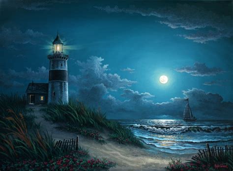 Download Sailboat Sea Ocean Moon Lighthouse Night Blue Artistic ...