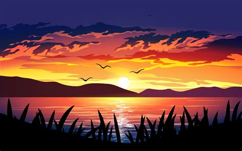 Dramatic Sunset over the Lake 1308868 Vector Art at Vecteezy