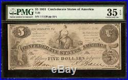 1861 $5 Dollar Bill Confederate States Currency CIVIL War Note Money T ...