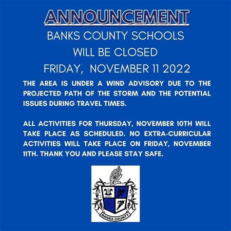 Banks County Schools will be closed Friday, November 11, 2022 | Banks ...