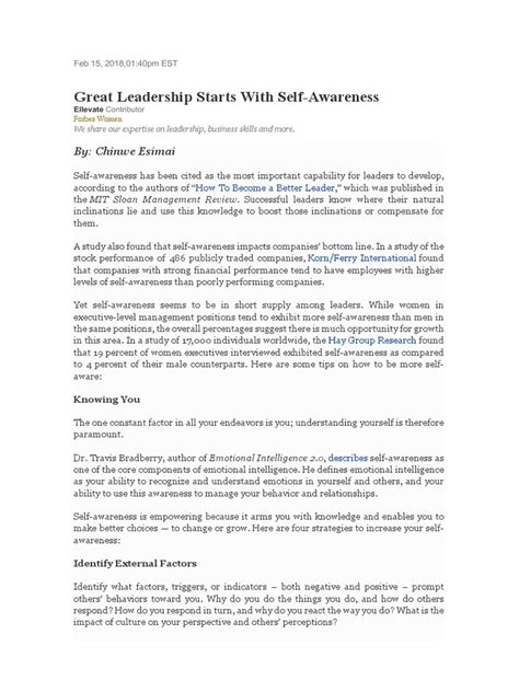 Great Leadership Starts With Self-Awareness | PDF | Self Awareness ...