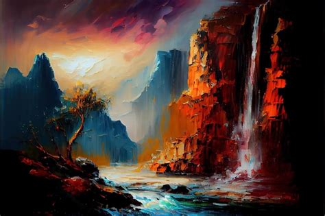 Premium AI Image | A painting of a waterfall with a sunset in the ...