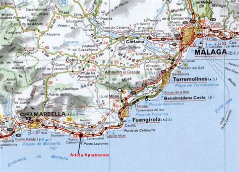 Costa del Sol coastline map, Malaga to Marbella, incl Fuengirola, Calahonda, Cabopino, Artola