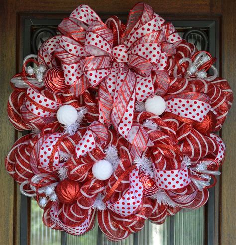 Red and White Christmas Deco Mesh Wreath - Etsy | Deco mesh christmas ...