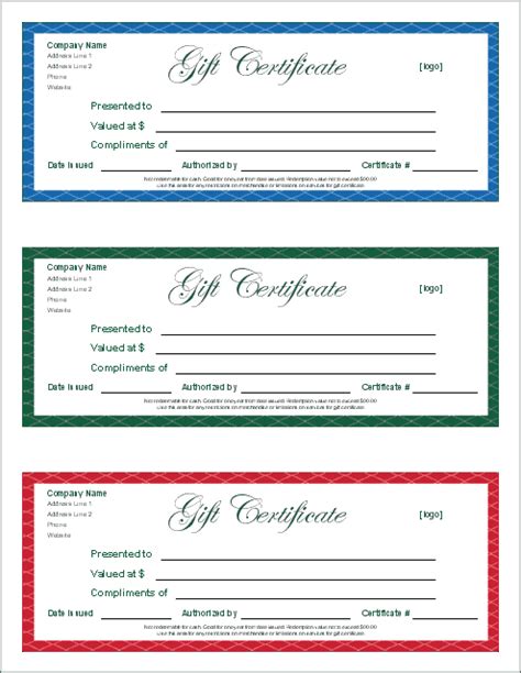 Printable Gift Certificate with Red, Green, and Blue Ribbons