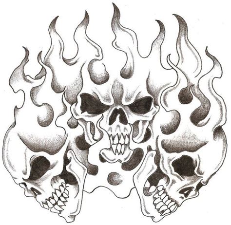 two skulls with flames on their heads are shown in black and white ink ...