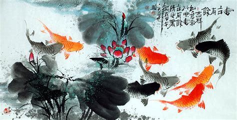 Chinese Koi Fish Painting 2787012, 34cm x 138cm(13〃 x 54〃)