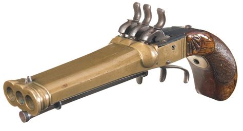 Japanese marked brass triple barrel percussion pistol. Produced during ...