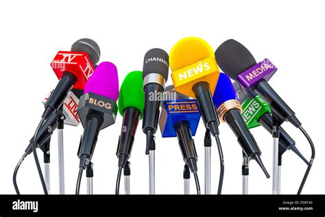 Press conference or interview concept. Microphones of different mass ...