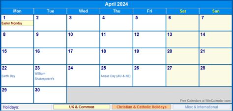 April 2024 UK Calendar with Holidays for printing (image format)