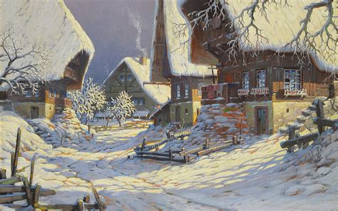 Download White Snow Village Winter Artistic Painting HD Wallpaper by ...