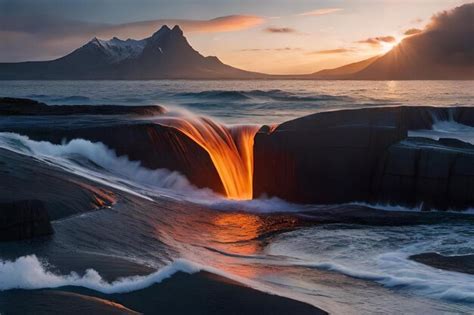 Premium Photo | A sunset with a waterfall in the background