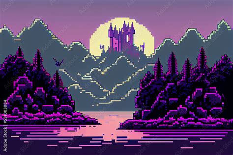 8 bit pixel art fantasy landscape Stock Illustration | Adobe Stock