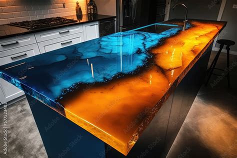 Blue and orange epoxy resin kitchen countertops. Generative AI. Stock ...