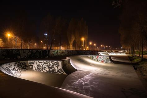 Premium AI Image | A skate park at night with graffiti on the walls and ...