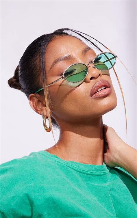 Green Oval Lens Diamante Sunglasses | PrettyLittleThing AUS