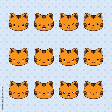 Set of Cartoon cat stickers. Funny and kawaii smiles, emoji ...