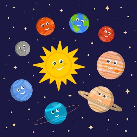 Solar system for kids. Cute sun and planets characters in cartoon style ...