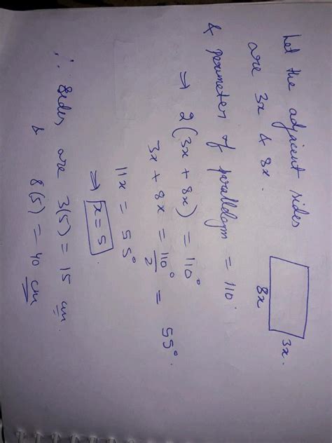 "Two adjacent sides of a parallelogram are in the ratio 3( : 8 ) and ...